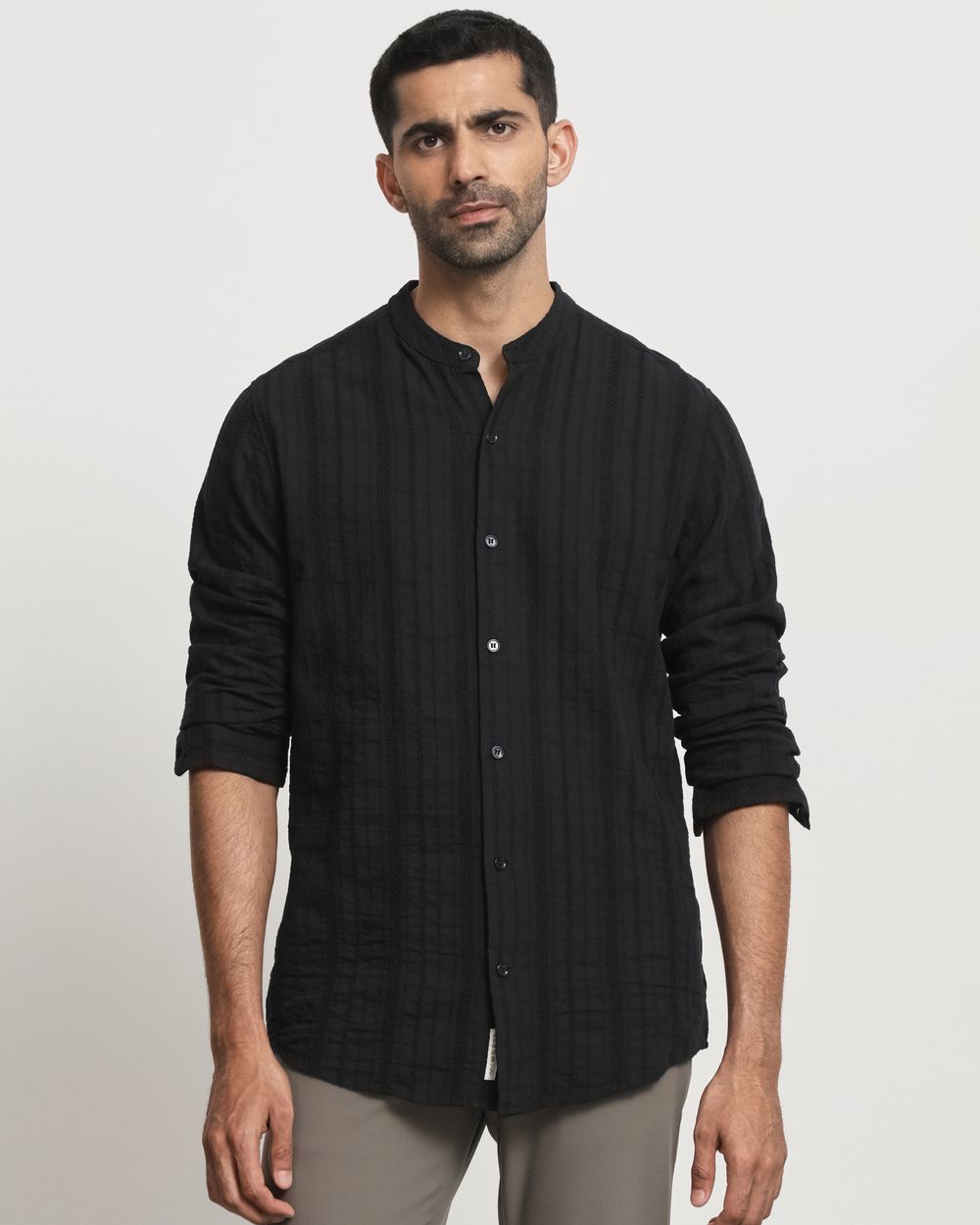 Black Textured Plain Slim Fit Casual Shirt