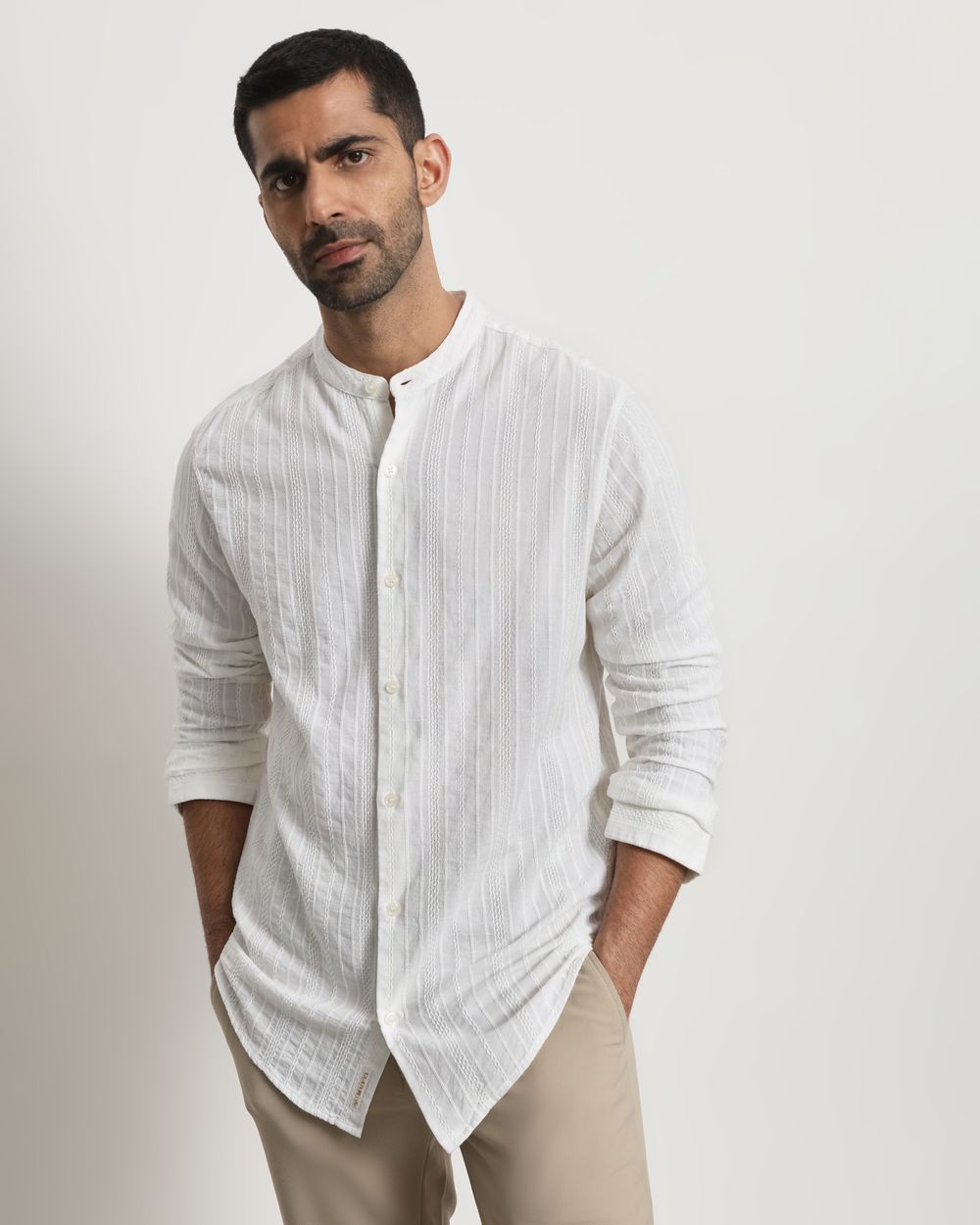 White Textured Plain Slim Fit Casual Shirt