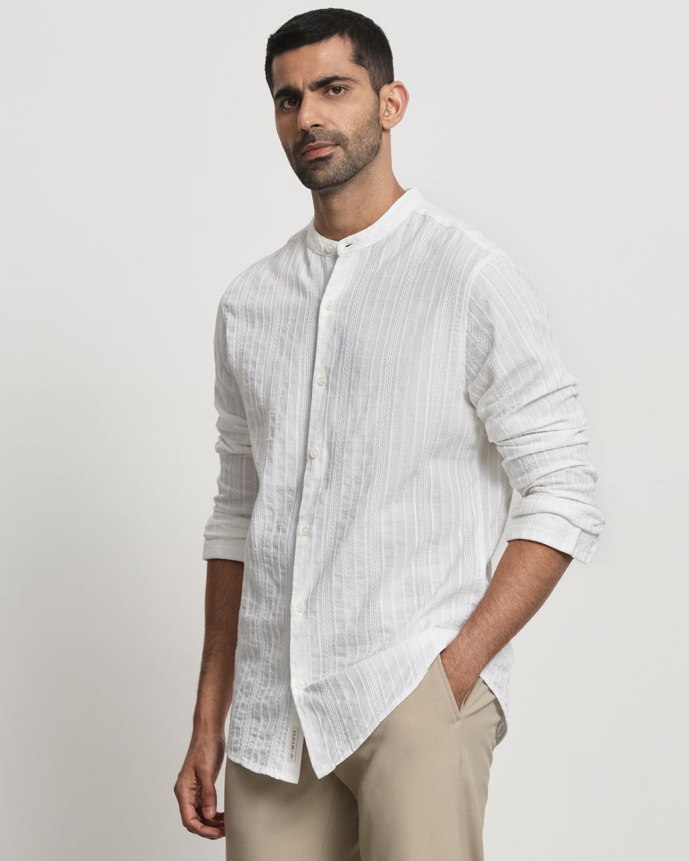 White Textured Plain Slim Fit Casual Shirt