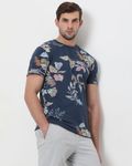 Navy Leaf Print Slim Fit T-Shirt