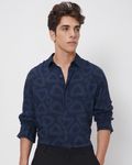 Navy Abstract Print Slim Fit Casual Shirt