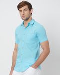 Turquoise Cotton Linen Plain Slim Fit Casual Shirt