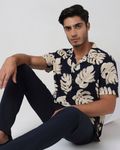 Navy Leaf Print Relaxed Fit Casual Shirt