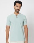 Light Green Textured Tipped Collar Slim Fit Henley T-Shirt