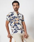 Off White Floral Print Slim Fit Henley T-Shirt