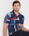 Navy Geometric Print Slim Fit Casual Polo