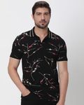 Black Floral Print Slim Fit Polo