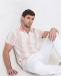Peach Textured Stripe Slim Fit Polo T-Shirt