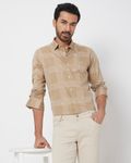 Khaki & White Printed Check Slim Fit Casual Shirt