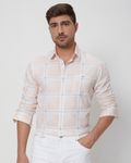 Peach & White Printed Check Slim Fit Casual Shirt