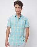 Turquoise Large Check Slim Fit Casual Shirt