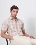 Light Khaki Square Check Slim Fit Casual Shirt