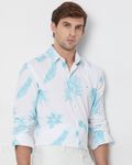 Turquoise & White Leaf Print Slim Fit Casual Shirt