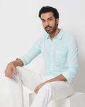 Turquoise Cotton Linen Slim Fit Casual Shirt