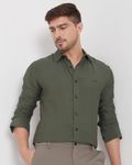Olive Textured Plain Slim Fit Casual Shirt