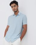 Light Blue Textured Viscose Blend Plain Slim Fit Casual Shirt