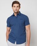 Blue Badged Plain Slim Fit Casual Shirt