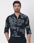 Navy Digital Print Slim Fit Casual Shirt