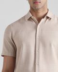 Beige Textured Check  Slim Fit Casual Shirt