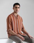 Rust Textured Stripe  Slim Fit Casual Shirt