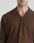 Brown Textured Plain  Slim Fit Casual Shirt