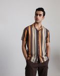 Brown Textured Stripe Slim Fit Casual Shirt
