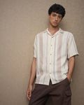 Off White Textured Stripe Loose Fit Casual Shirt