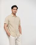 Beige Cotton Linen Plain Slim Fit Casual Shirt
