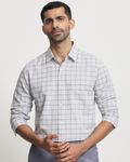 Light Grey Cotton Linen Check Slim Fit Casual Shirt