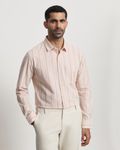 Pastel Pink Cotton Linen Stripe Slim Fit Casual Shirt