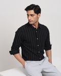 Black Cotton Linen Stripe Slim Fit Casual Shirt