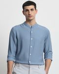 Blue Textured Plain Slim Fit Casual Shirt