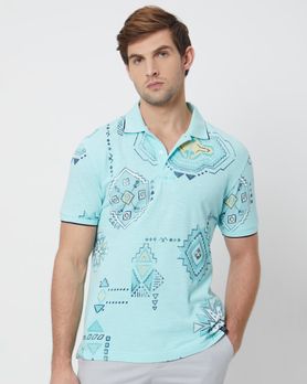 Light Blue Tribal Print Slim Fit Polo T-Shirt