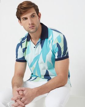 Turquoise Leaf Print Slim Fit Polo T-Shirt