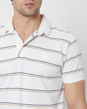 White Textured Stripe Slim Fit Polo T-Shirt