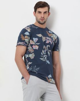 Navy Leaf Print Slim Fit T-Shirt