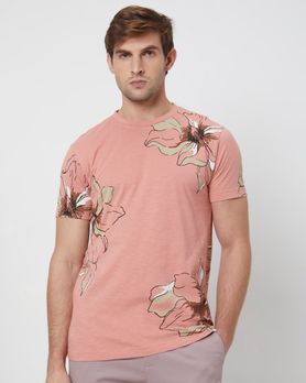 Pink Floral Print Slim Fit T-Shirt
