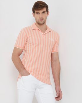 Peach Textured Stripe Slim Fit Polo T-Shirt