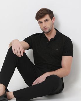 Black Space-Dyed Plain Slim Fit Polo T-Shirt