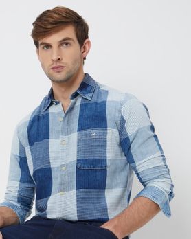 Mid Blue Large Check Slim Fit Casual Shirt