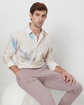 Beige Digital Print Slim Fit Casual Shirt