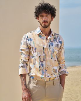 Yellow Digital Print Slim Fit Casual Shirt