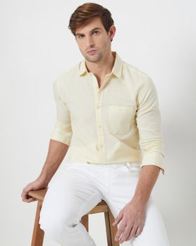 Light Yellow Cotton Linen Plain Slim Fit Casual Shirt