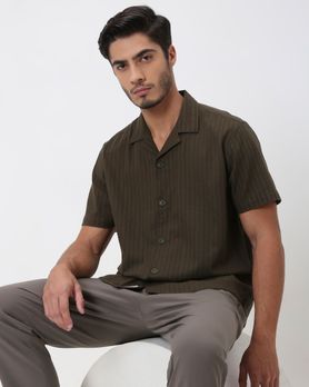 Olive Self-Stripe Plain Relaxed Fit Casual Shirt