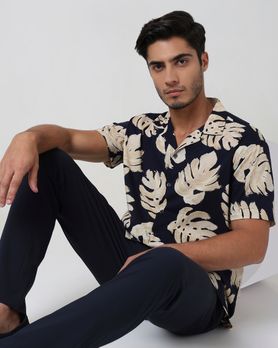 Navy Leaf Print Relaxed Fit Casual Shirt