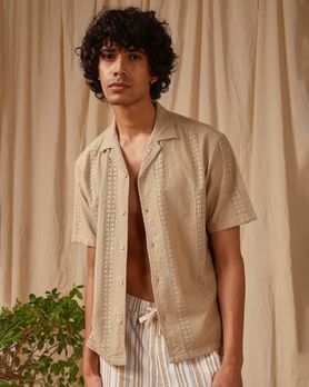 Light Khaki Embroidered Plain Loose Fit Casual Shirt