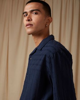 Navy Embroidered Plain Loose Fit Casual Shirt