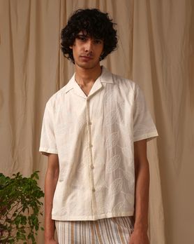 Off White Embroidered Plain Loose Fit Casual Shirt