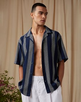 Navy Awning Stripe Loose Fit Casual Shirt
