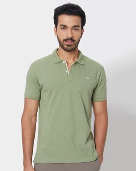 Light Olive Textured Plain Slim Fit Polo T-Shirt